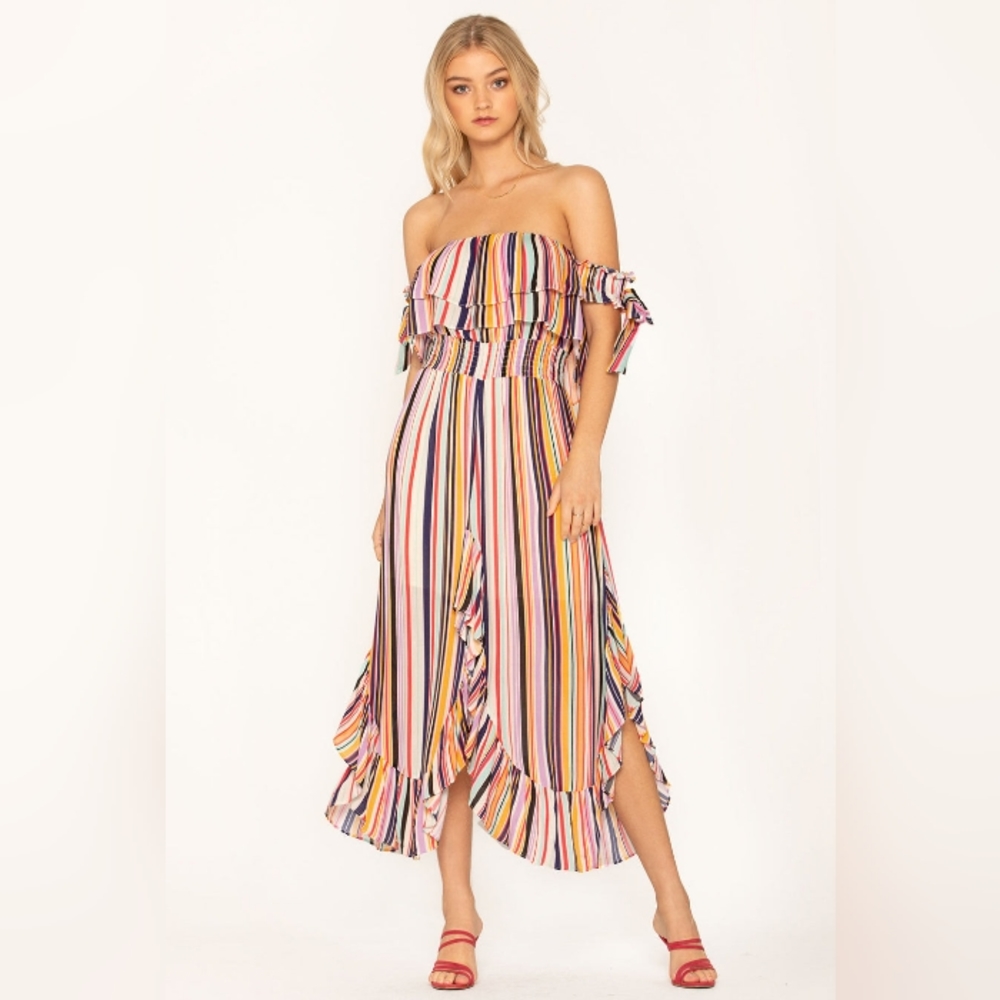Miss me dress, multi-color, off the shoulder, tiered ruffle trims, smocked waist